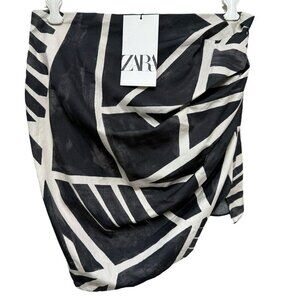 ZARA Mini Skirt S/M Gray Modern Print Ruched Side Cotton NWT Viral Palm Drape